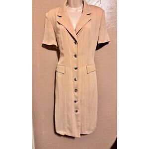 knee length dresses for ladies Harve Benard Beige Linen Blend Buttoned Collared Lined A Line Dress Si   Thrift Threads